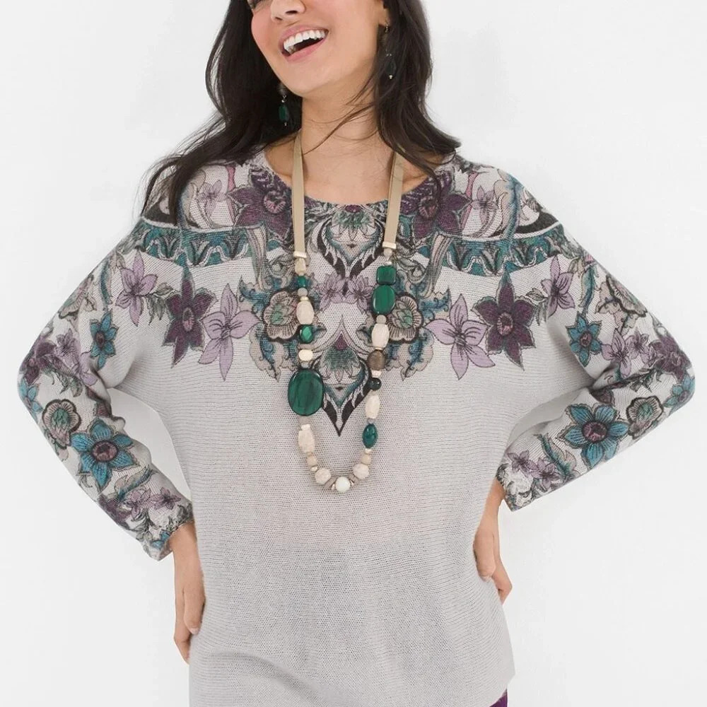 Chico's Long-Sleeve Floral Pullover Sweater in Size XLP